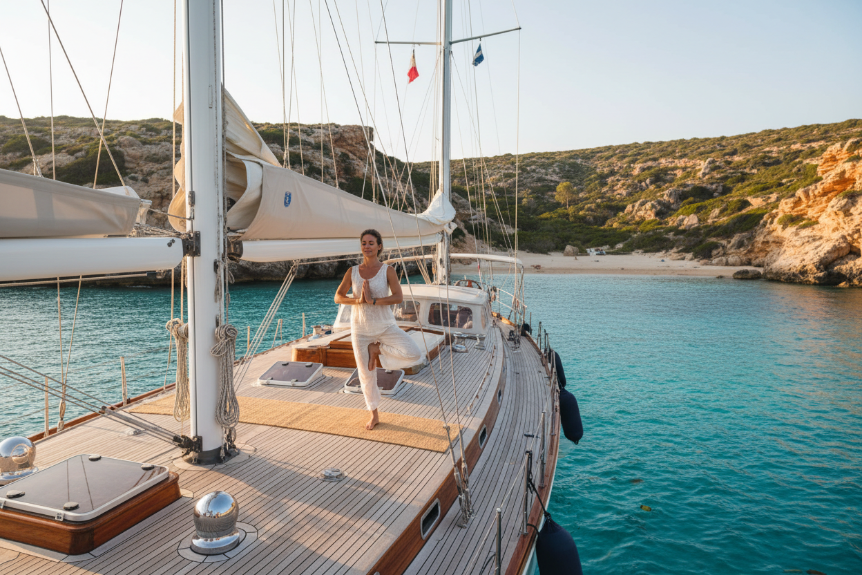 Eine Frau auf einem Boot macht eine Yogaübung 